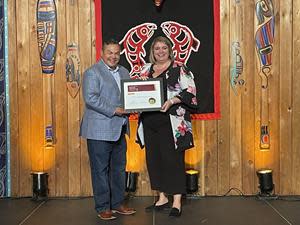 (Left) Jonathan Kruger - Director of Indigenous Relations and Suzanne Bergeron (Right) Sodexo Canada - President accepting the PAR Gold Certification in Vancouver.