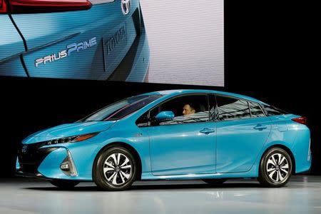 A Toyota Prius Prime is seen during the media preview of the 2016 New York International Auto Show in Manhattan, New York, U.S. March 23, 2016. REUTERS/Brendan McDermid/Files