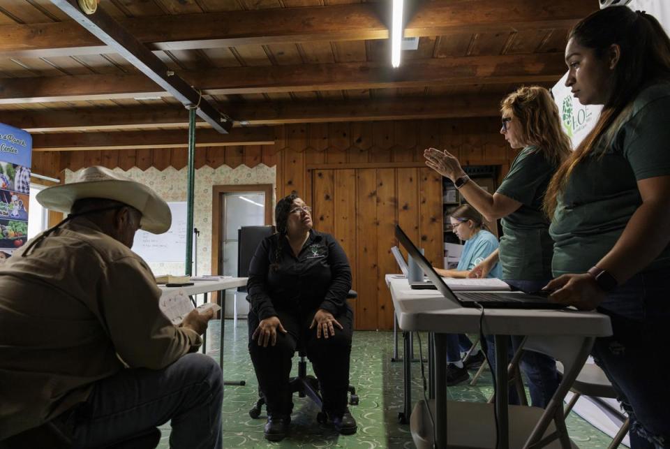 Diana Padilla meets with staff members to discuss programs for community members interested in starting their own farms at Yahweh’s All Natural Farm and Gardens in Harlingen on June 15, 2024. Diana and her husband Saul Padilla own Yahweh’s and the non-profit HOPE (Holistic Organic Practical Education for small farm sustainability).