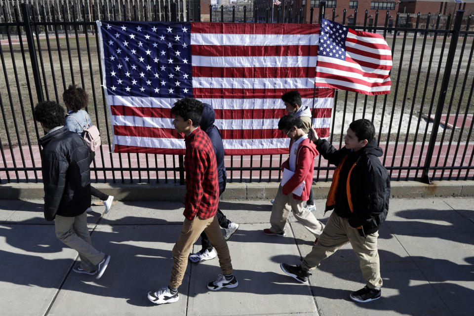 Students from James Ferris High School march outside of the school during a student walkout on March 14 in Jersey City, N.J. Students across the country participated in a nationwide walkout Wednesday to protest gun violence, one month after the deadly shooting at a high school in Parkland, Fla. (Photo: Julio Cortez/AP)