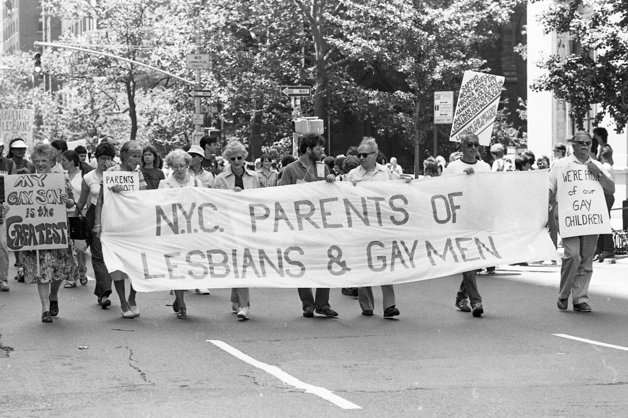 Jeanne Manford, behind the 'NYC' of the banner, and Dick Ashworth far right, with placard reading, 'We're proud of our gay children,'   march during the 1981 Gay Pride Parade in New York. (Alan Raia / Newsday via Getty Images)