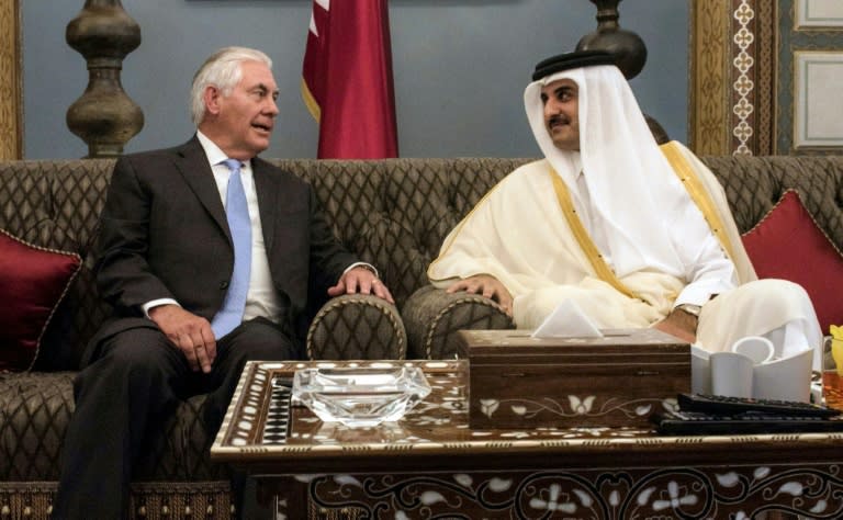 A handout picture provided by the US Embassy in Doha's Offical Twitter account on July 11, 2017 shows US Secretary of State Rex Tillerson (L) meeting with Qatar's Emir Sheikh Tamim bin Hamad Al-Thani in Doha