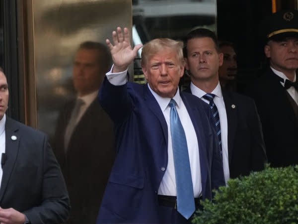 Former President Donald Trump is seen leaving Trump Tower in New York City in April. File Photo by John Nacion/UPI