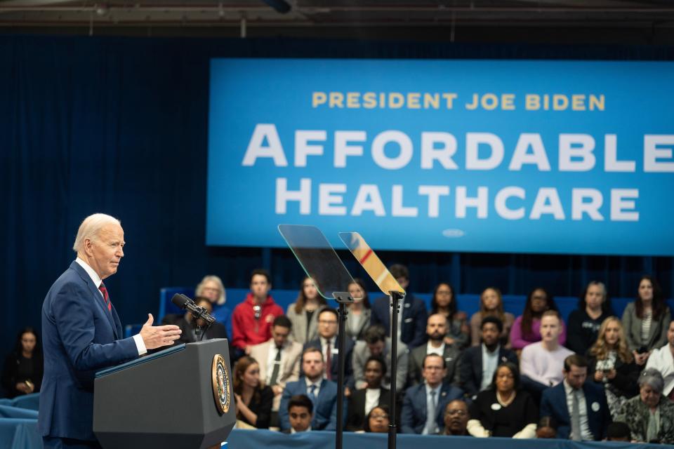 President Joe Biden campaigns on health care on March 26, 2024, in Raleigh, N.C. While he spoke, protesters interrupted with calls for him to do more about Israel's attacks on the Gaza Strip.