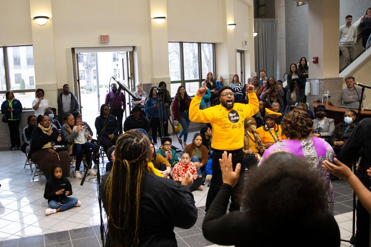 Hub City Mass Choir performs during a Black History Month event at city hall in downtown Jackson on Friday, February 24, 2023. 