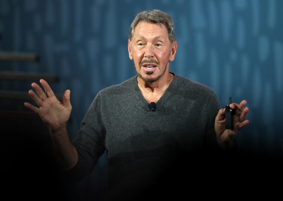 SAN FRANCISCO, CALIFORNIA - SEPTEMBER 16: Oracle chairman of the board and chief technology officer Larry Ellison delivers a keynote address during the 2019 Oracle OpenWorld on September 16, 2019 in San Francisco, California. Oracle chairman of the board and chief technology officer Larry Ellison kicked off the 2019 Oracle OpenWorld with a keynote address. The annual convention runs through September 19.  (Photo by Justin Sullivan/Getty Images)