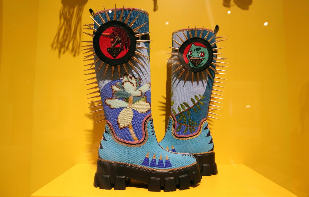 Artist Jamie Okuma stitched thousands of beads around these Prada boots for the Indigenous Art of the Americas galleries in Notre Dame's Raclin Murphy Museum of Art, seen Nov. 15, 2023.