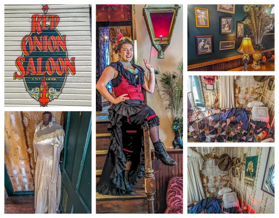 Photos including the Red Onion Saloon sign, a tour guide dressed in old western clothes, a room with pictuers, bedrooms, and more.