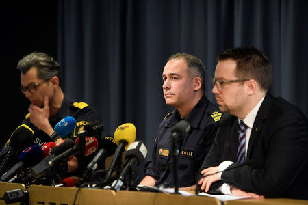 Jan Evensson, Regional Strategic Commander, Jonas Hysing, National Strategic Commander, Johan Olsson, Head of Operations, The Swedish Security Service during a police briefing following Friday's attack in central Stockholm, Sweden, Sunday, April 9, 2017. Maja Suslin/TT News Agency via REUTERS