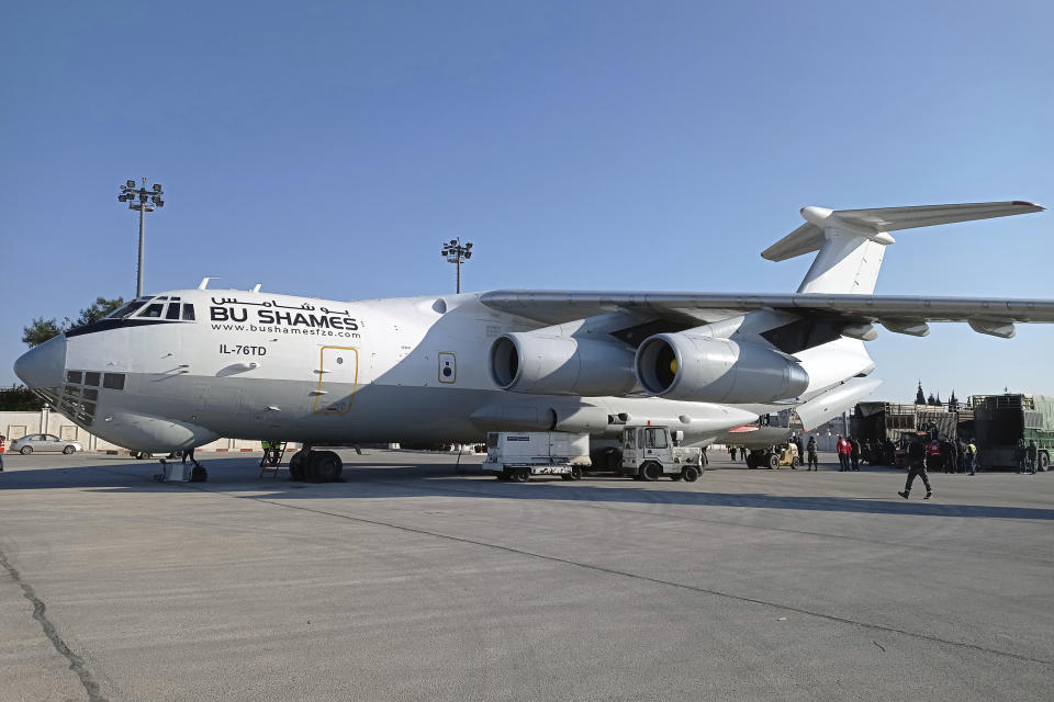 In this photo released by the official Syrian state news agency SANA, a Saudi Arabian plane carrying humanitarian aid for Syria following a devastating earthquake, arrives at the airport in Aleppo, Syria, Tuesday, Feb. 14, 2023. The first Saudi plane carrying 35 tons of food aid landed in government-held Aleppo airport Tuesday morning, according to Syrian state media. Saudi Arabia, unlike most other Arab countries including the United Arab Emirates, have not rekindled ties with embattled Syrian President Bashar Assad in recent years. (SANA via AP)