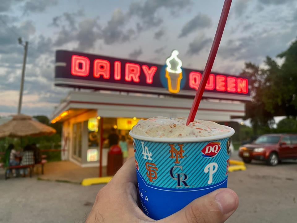 The "Paul" Blizzard is shown at the Riverside Drive Dairy Queen in Iowa City on June 13, 2022. This flavor, found on the secret menu, contains vanilla soft-serve mixed with cookie dough, caramel and what the menu called "crunch coat."