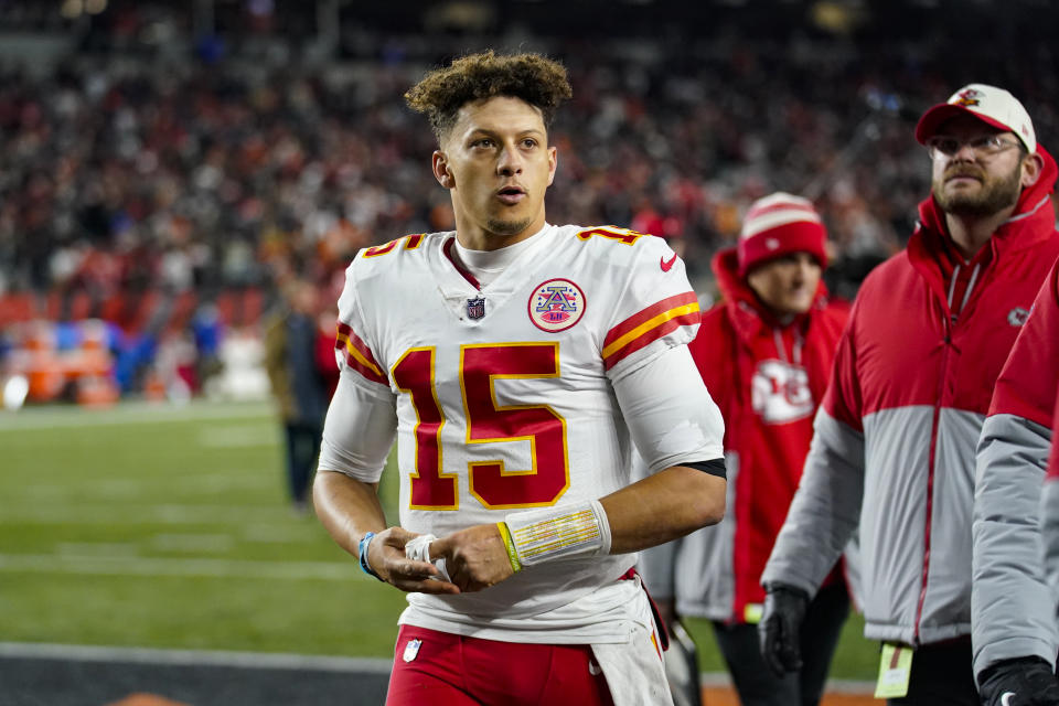 Kansas City Chiefs quarterback Patrick Mahomes (15) leaves the field following an NFL football game against the Cincinnati Bengals in Cincinnati, Fla., Sunday, Dec. 4, 2022. The Bengals defeated the Chief 27-24. (AP Photo/Joshua Bickel)