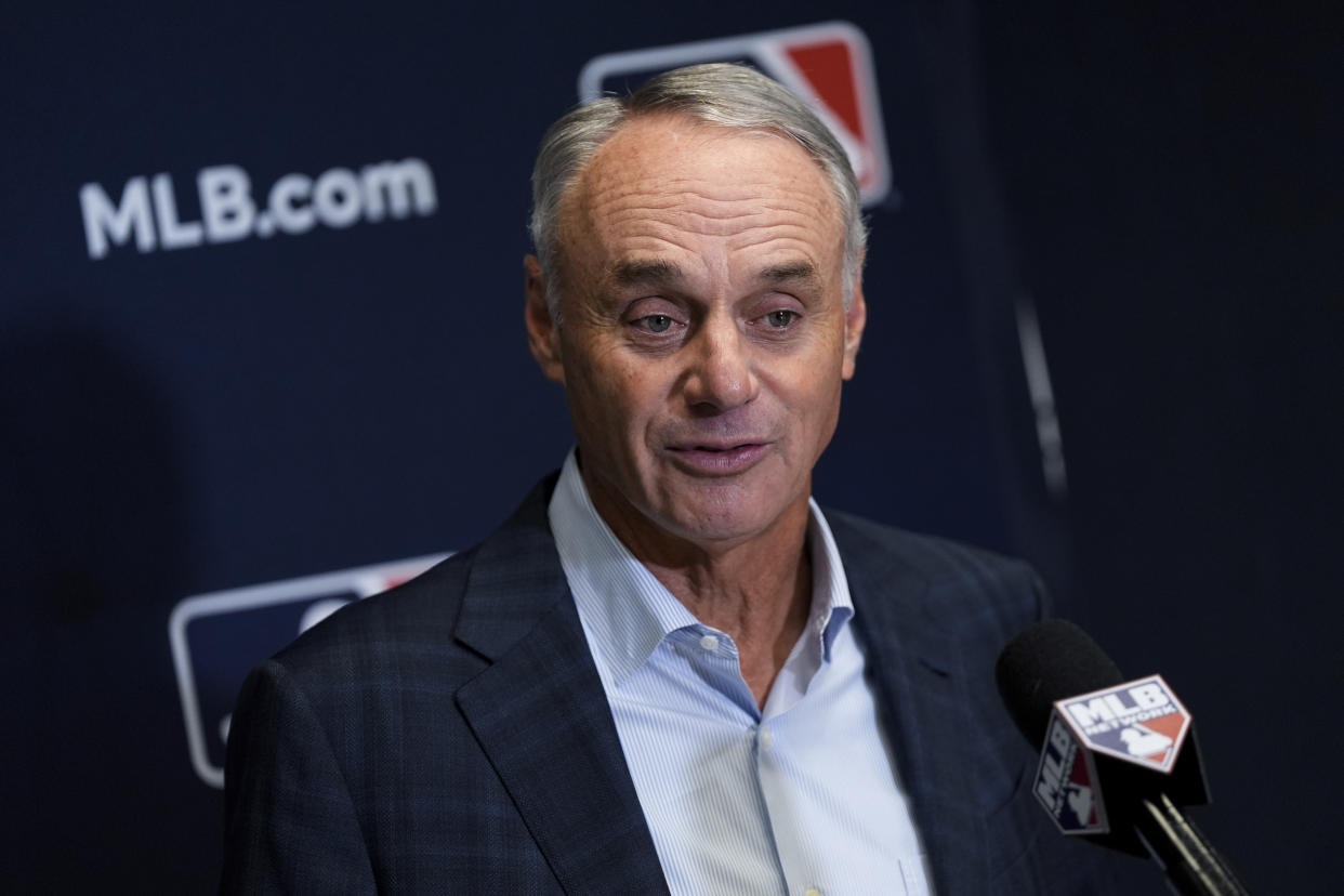 Major League Baseball Commissioner Rob Manfred speaks at a press conference following an owners meeting, Thursday, May 23, 2024, in New York. (AP Photo/Julia Nikhinson)