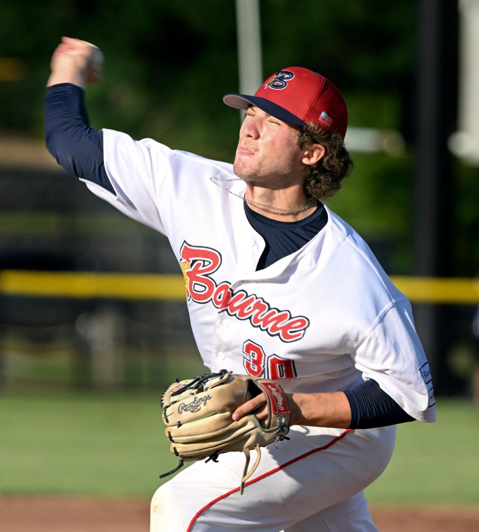 Bourne starter Matt Duffy delivers against Brewster in Wednesday's game in Bourne.