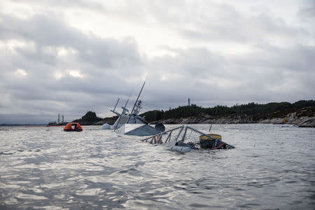 A shipwrecked Norwegian navy frigate "KNM Helge Ingstad" is seen in this Norwegian Coastal Administration handout picture in Oygarden, Norway, November 13, 2018. Jakob Ostheim/Norwegian Coastal Administration/Handout vis REUTERS ATTENTION EDITORS - THIS IMAGE WAS PROVIDED BY A THIRD PARTY. NO RESALES. NO ARCHIVES.