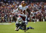 Dallas Cowboys wide receiver Michael Gallup (13) looses control of the ball as Washington Redskins cornerback Josh Norman (24) looks on in the first half of an NFL football game, Sunday, Sept. 15, 2019, in Landover, Md. (AP Photo/Alex Brandon)