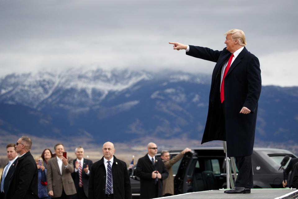 President Donald Trump arrives for a campaign rally at Bozeman Yellowstone International Airport, Saturday, Nov. 3, 2018, in Belgrade, Mont. (AP Photo/Evan Vucci)