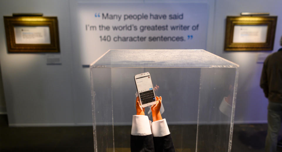 A display with tiny hands seen near Trumps' tweets at an exhibition in Washington DC