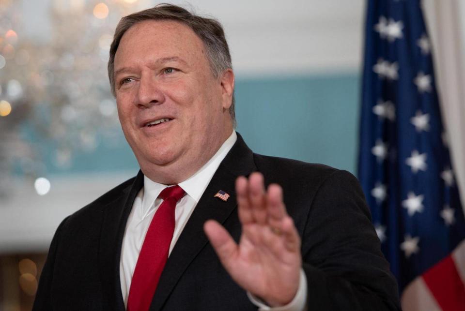 US secretary of state Mike Pompeo waves to the media during a photo opportunity at the State Department (Saul Loeb/AFP/Getty)