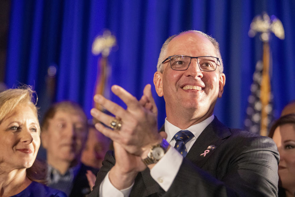 Louisiana Gov. John Bel Edwards prepares to speaks at his election night watch party in Baton Rouge, La., Saturday, Oct. 12, 2019. (AP Photo/Brett Duke)