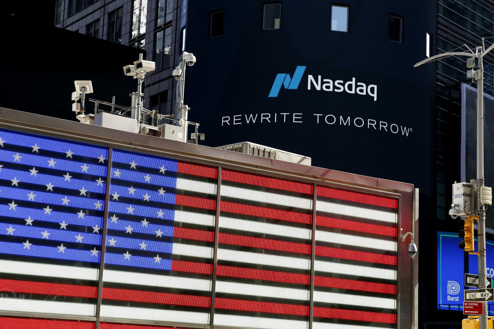 View of Nasdaq screen at Times Square on March 10, 2021. (Photo by John Smith/VIEWpress)