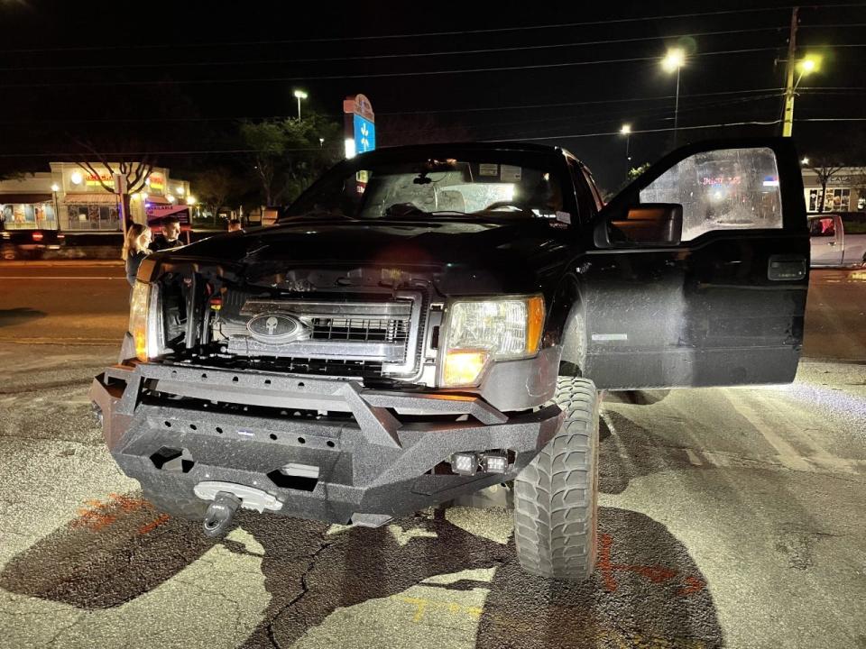 This Ford F-150 pickup truck was involved in a two-vehicle crash along Southwest 19th Avenue Road on Tuesday.