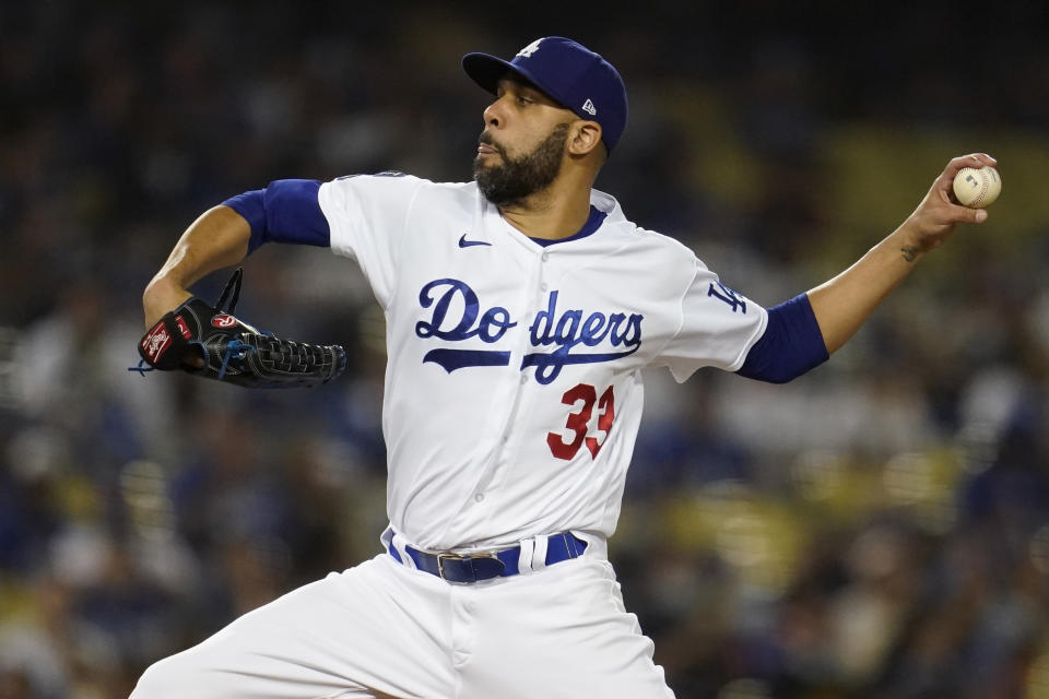 Los Angeles Dodgers relief pitcher David Price throws to an Arizona Diamondbacks batter during the sixth inning of a baseball game Tuesday, Sept. 14, 2021, in Los Angeles. (AP Photo/Marcio Jose Sanchez)
