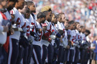 <p>The Houston Texans stand for the national anthem before the start of the game against the New England Patriots at Gillette Stadium. Mandatory Credit: David Butler II-USA TODAY Sports </p>