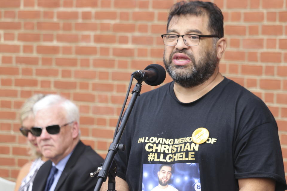 Christian Segovia, Sr., speaks at a wreath-laying ceremony at the Guardians of the First Amendment Memorial on Wednesday, June 28, 2023, in Annapolis, Md., five years after the attack on the Capital Gazette newsroom killed five people. Segovia's son, Christian Segovia, Jr., was one of three people who was killed in a shooting in Annapolis earlier this month. (AP Photo/Brian Witte)
