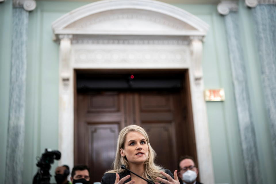 Former Facebook employee and whistleblower Frances Haugen testifies during a Senate Committee on Commerce, Science, and Transportation hearing entitled 'Protecting Kids Online: Testimony from a Facebook Whistleblower' on Capitol Hill, in Washington, U.S., October 5, 2021.   Jabin Botsford/Pool via REUTERS