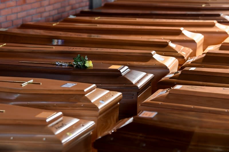 Coffins of people who have died from coronavirus disease (COVID-19) are seen in the church of the Serravalle Scrivia cemetery