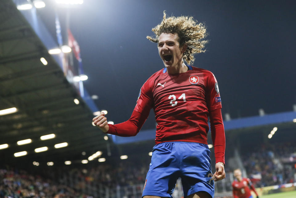 Czech Republic's Alex Kral celebrates after scoring his side's second goal during the Euro 2020 group A qualifying soccer match between Czech Republic and Kosovo in Pilsen, Czech Republic, Thursday, Nov. 14, 2019. (AP Photo/Petr David Josek)