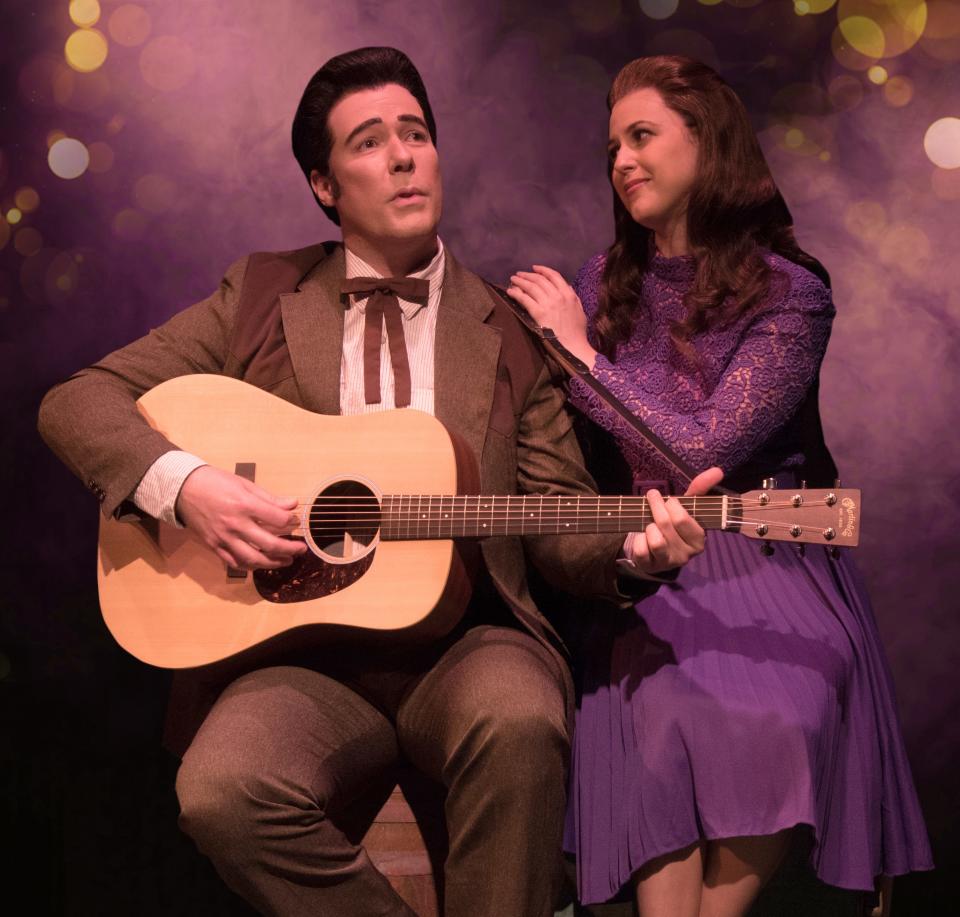 Scott Moreau as Johnny Cash and Elizabeth Nestlerode as June Carter Cash in “Ring of Fire” at Florida Studio Theatre.