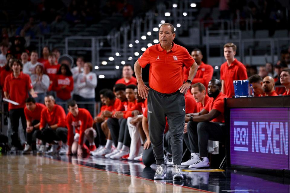 Mar 12, 2023; Fort Worth, TX, USA; Houston Cougars head coach Kelvin Sampson during the first half of the game between the Houston Cougars and the Memphis Tigers at Dickies Arena. Mandatory Credit: Jerome Miron-USA TODAY Sports