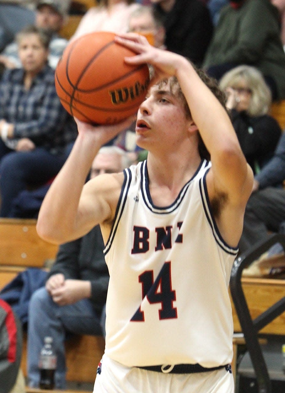 BNL junior Kole Bailey eyes a jump shot Saturday. Bailey had nine points off the bench to help the Stars to a 54-52 win over Evansville Memorial.