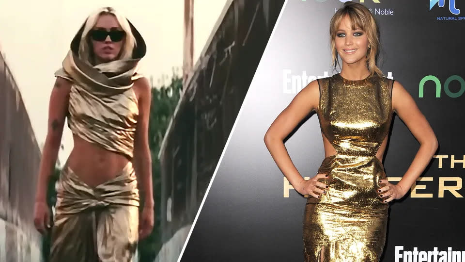 Die beiden fraglichen Goldkleider an Miley Cyrus und Jennifer Lawrence. (Foto: Miley Cyrus via YouTube, Getty Images))