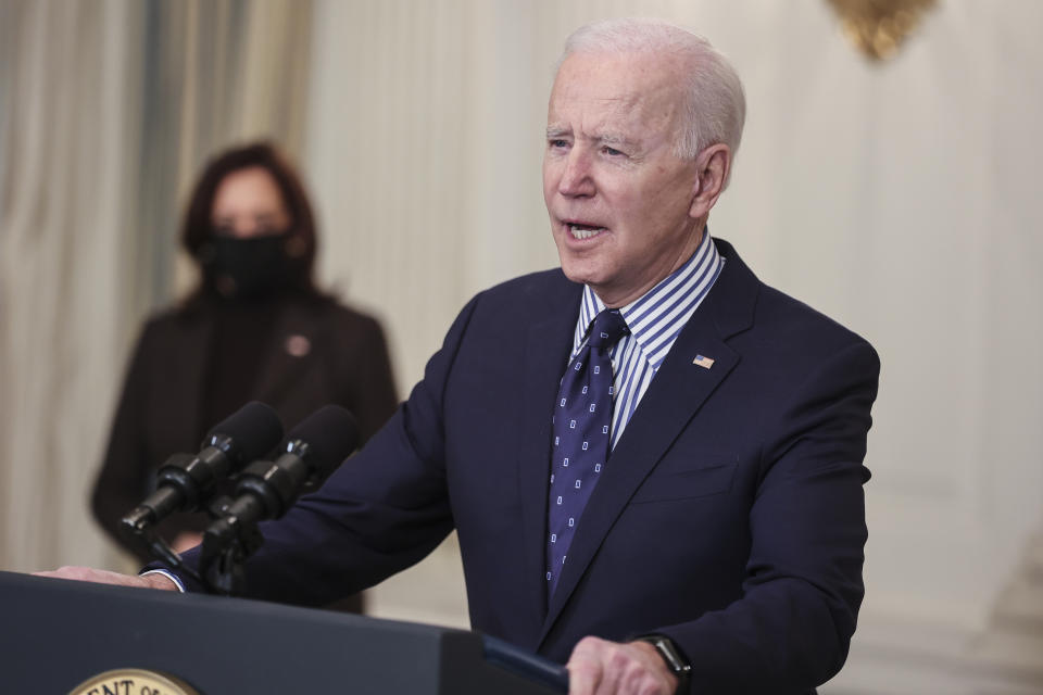 WASHINGTON, DC - MARCH 6: President Joe Biden joined by Vice President Kamala Harris, speaks in the State Dining Room of the White House, March 6, 2021, in Washington., The Senate approved a sweeping pandemic relief package over Republican opposition on Saturday.
(Photo by Oliver Contreras/For The Washington Post via Getty Images)