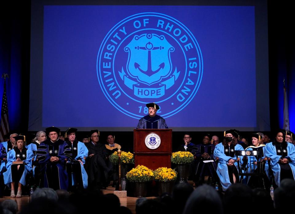 Alfred Verrecchia '67, chairman of the URI Foundation and Alumni Engagement Board of Directors, speaks during the inauguration of URI President Marc Parlange, the University's 12th president, in Edwards Hall on the Kingston Campus on Thursday.