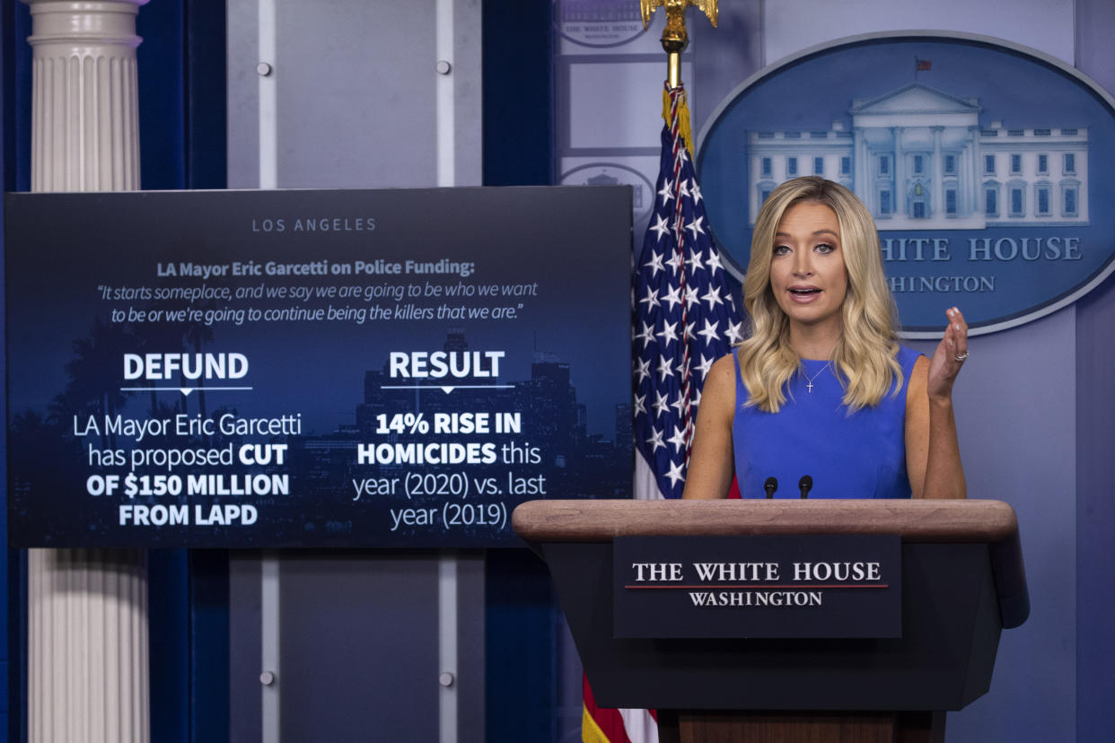 White House press secretary Kayleigh McEnany speaks during a press briefing in the James Brady Press Briefing Room at the White House, Tuesday, Aug. 4, 2020, in Washington. (AP Photo/Alex Brandon)