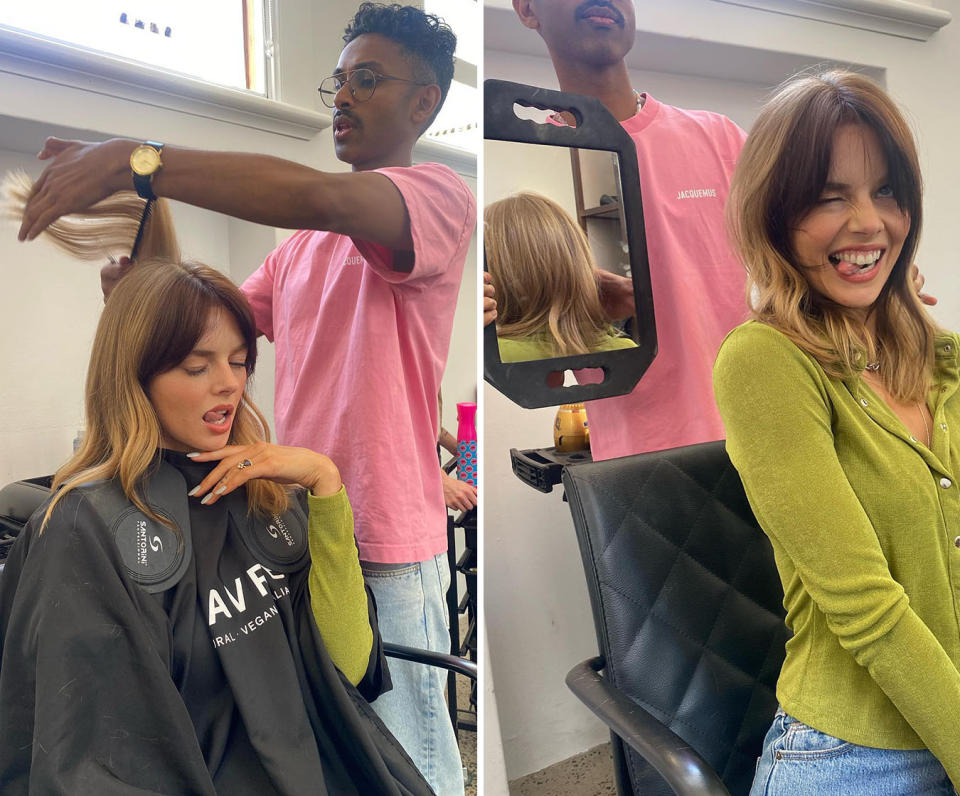 Two photos of Samara Weaving getting her hair coloured at a salon