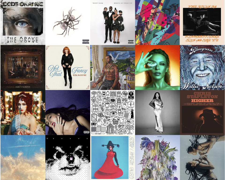 This combination of album covers shows, top row from left, "The Above" by Code Orange (Blue Grape Music), "Scarlet" by Doja Cat (Kemosabe/RCA), "Breath of Fresh Air" by Gucci Mane (Global Music/Atlantic), "Insano’" by Kid Cudi (Republic Records), "The Land Is Inhospitable and So Are We" by Mitski" (Dead Oceans), second row from left, "The Devil I Know" by Ashley McBryde (Warner Nashville), "Not That Fancy" by Reba McEntire (UMG), "Victor" by Vic Mensa (Roc Nation), Tension" by Kylie Minogue (Darenote/BMG), "Bluegrass" by Willie Nelson (Sony Music), third row from left, The Rise and Fall of a Midwest Princess" by Chappell Roan. (Island/UMG), "Guts" by Olivia Rodrigo (Geffen Records), Autumn Variations" by Ed Sheeran (Gingerbread Man Records/Warner Records), "Falling or Flying" by Jorja Smith (FAMM), Higher" by Chris Stapleton (Mercury Nashville/UMG), bottom row from left, "It’s the End of the World but It’s a Beautiful Day" by Thirty Seconds to Mars (Concord), "Layover" by V (BigHit Music), "Sorry I Haven’t Called" by Vagabon (Nonesuch), "Cousin" by Wilco (dBpm/Sony), and "Water Made Us" by Jamila Woods (Jagjaguwar). (AP Photo)