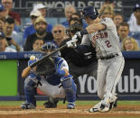 <p>Houston Astros’ Alex Bregman hits an RBI single during the third inning of Game 2 of baseball’s World Series against the Los Angeles Dodgers Wednesday, Oct. 25, 2017, in Los Angeles. (AP Photo/Mark J. Terrill) </p>