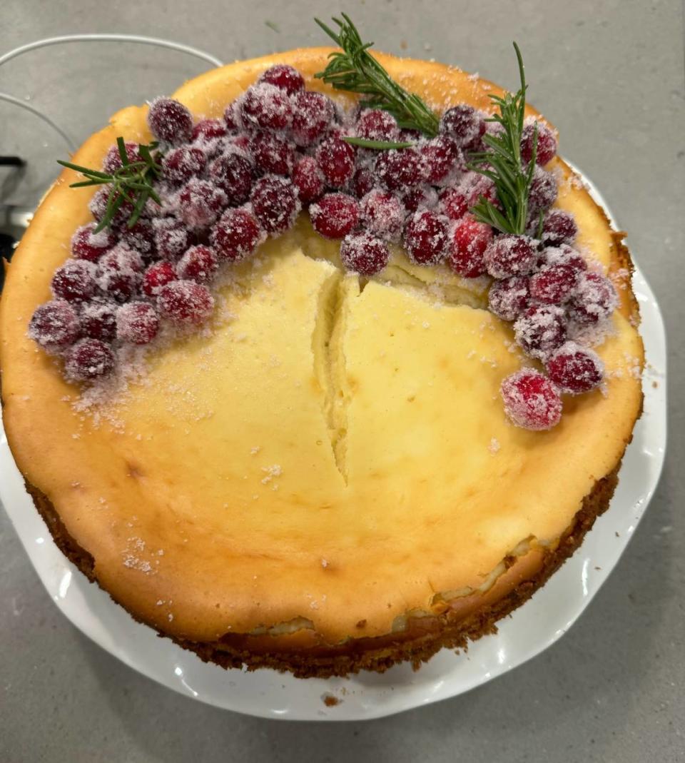 I was asked to make a Christmas cheesecake, so I made my trusty cheesecake recipe and found a recipe for sugared cranberries to top it with.