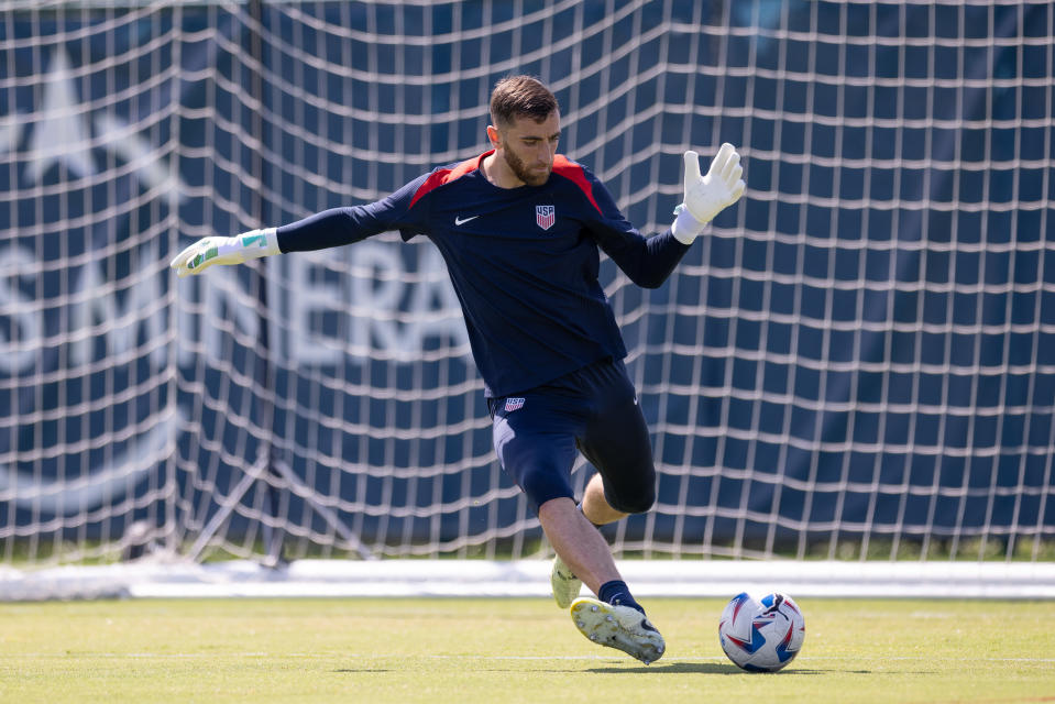 KANSAS CITY, KS - JUNE 30: Matt Turner of the United States passes the ball during USMNT training at Compass Minerals National Performance Center on June 30, 2024 in Kansas City, Kansas.  (Photo by John Dorton/ISI Photos/USSF/Getty Images for USSF)