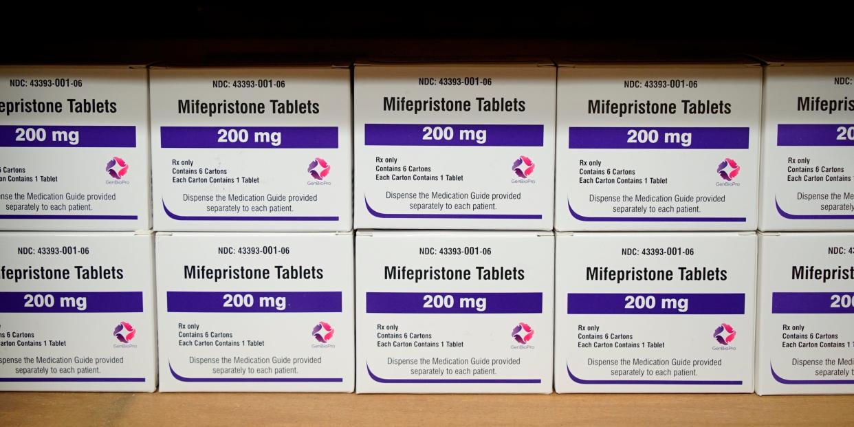 Boxes of the drug mifepristone line a shelf at the West Alabama Women's Center in Tuscaloosa, Ala., on Wednesday, March 16, 2022.