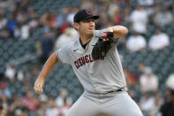 Cleveland Guardians pitcher Gavin Williams throws to a Minnesota Twins batter during the first inning of a baseball game Tuesday, Aug. 29, 2023, in Minneapolis. (AP Photo/Craig Lassig)