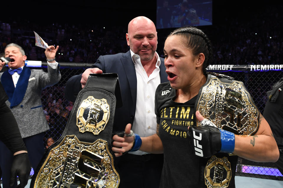 Amanda Nunes celebrates her KO victory over Cris Cyborg in their women’s featherweight bout during UFC 232 at The Forum in Inglewood, California. (Getty Images)