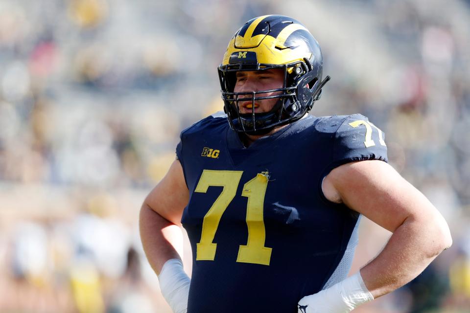 Michigan offensive lineman Andrew Stueber during the spring game April 13, 2019, in Ann Arbor.