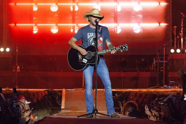 <p>Joshua Applegate/Getty</p> Jason Aldean performs in Wisconsin in July 2023