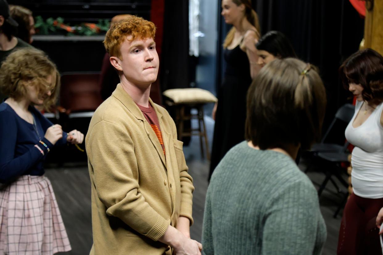 Director Dillon Rasberry stands in as cast and crew rehearse on Nov. 28 for Oklahoma Shakespeare in the Park's production of "Jane Austen's Christmas Cracker" in Oklahoma City.